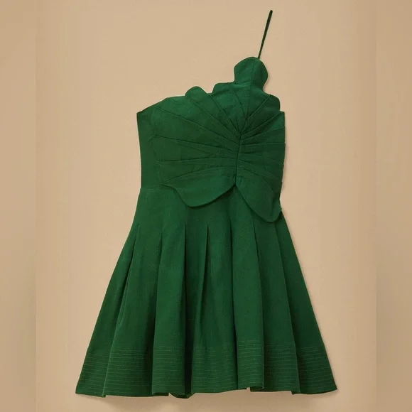 NWT Farm Rio Lea Linen Tropical Vacation Pleated One Shoulder Mini Dress Green - Picture 14 of 15